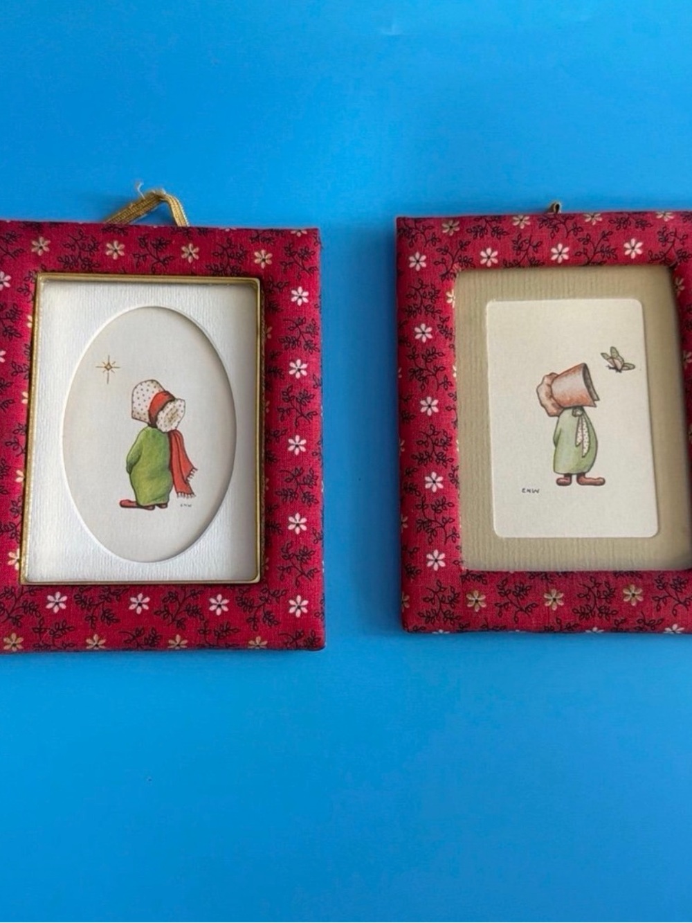 VTG 70’s ENW Miniature Framed Print, Red Floral Fabric, C.R. Gibson - Set of 2